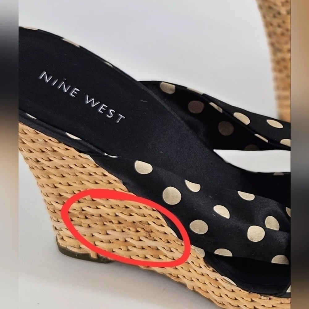 NEW Nine West Women's HARPEL Black & Tan DOTS Platform Wedge Sandal Size 7.5 M